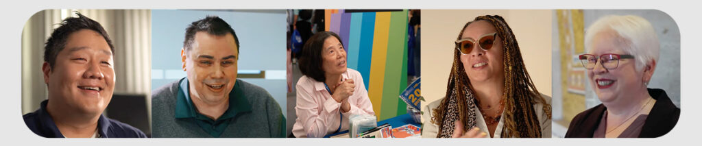 A film strip featuring five professionals with visual disabilities, each shown smiling in their respective workplace environments.