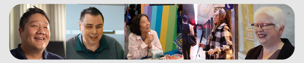 A film strip featuring five professionals with visual disabilities, each shown smiling in their respective workplace environments.